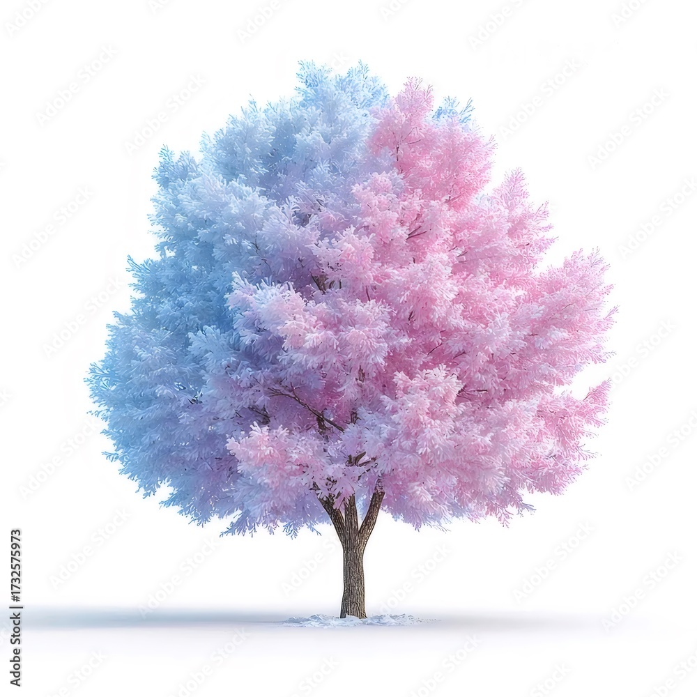 Obraz premium ピンクと青の花が咲くツートンカラーの木