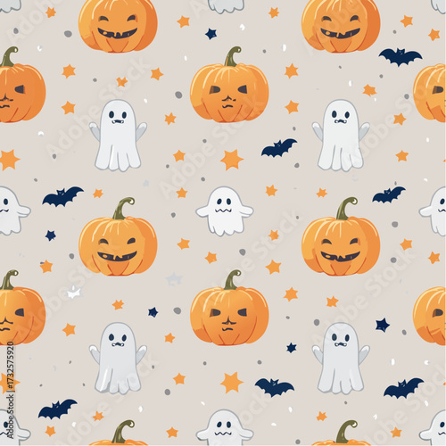 Cute Halloween Pattern featuring Pumpkins, Ghosts, and Stars on a Light Beige Background, Perfect for Festive Decorations and Crafts