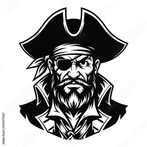 Intense pirate captain portrait with eyepatch and bandana iconic nautical character design silhouette