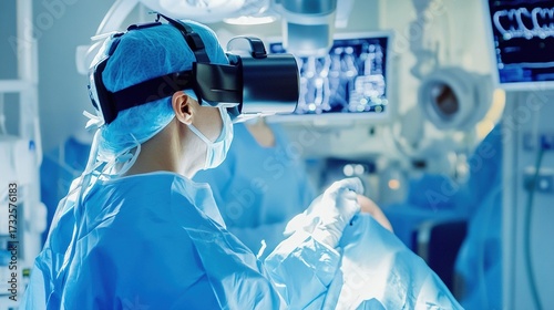 Surgeon using virtual reality headset in operating room
