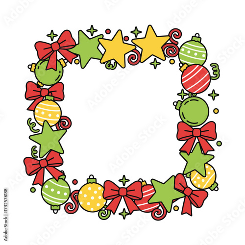 Festive Square Frame Border with Christmas Ornaments, Stars, and Red Bows