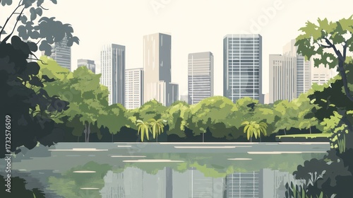 Cityscape panorama featuring skyscrapers park and lake under serene daytime sky