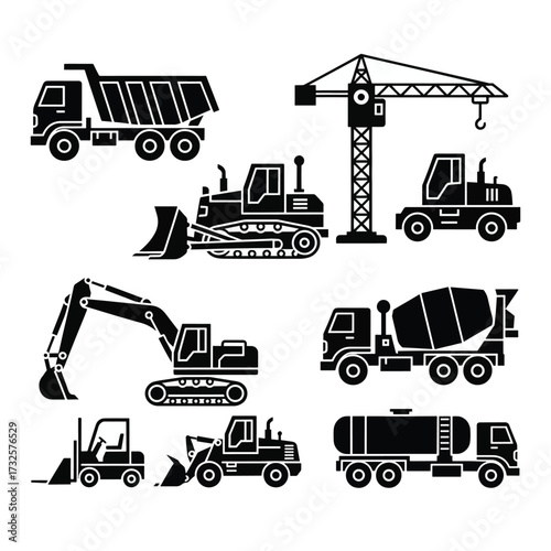 Set of Heavy Construction and Building Machinery Silhouette Icons