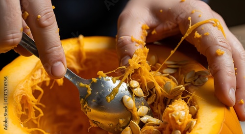 Hands scoop pumpkin guts with spoon, preparing for carving.