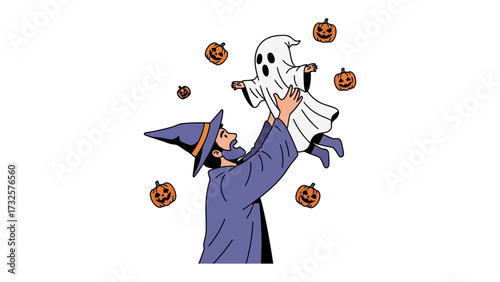 Halloween Celebration with Wizard and Ghost: A cartoonish scene unfolds, as a friendly wizard joyfully hoists a whimsical ghost, encircled by cheerful jack-o'-lanterns.