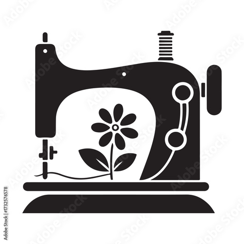 Sewing machine with thread looping to flower vector silhouette outline logo design concept illustration