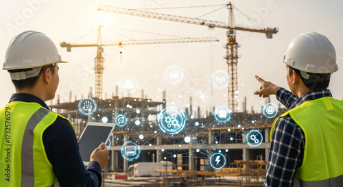 Construction Site Project Management Engineers Using Tablet and Futuristic Technology Overlay with Cranes and Building Structure in Background