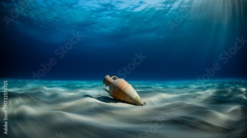 Ancient Amphora Resting on Sandy Seabed Under Sunlit Water