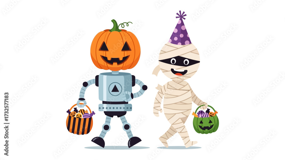 Fototapeta premium Halloween Duo: A delightful illustration presents a robot-pumpkin and mummy-themed pair ready for trick-or-treating. Their expressions embody the joyous atmosphere of Halloween