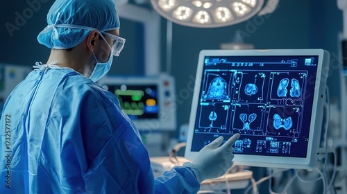 Surgeon reviewing medical scans in operating room