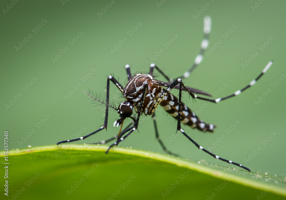 Fototapeta premium Intricate macro detail of a striped mosquito perched on a vibrant green leaf, showcasing delicate legs and antennae against a soft bokeh background.