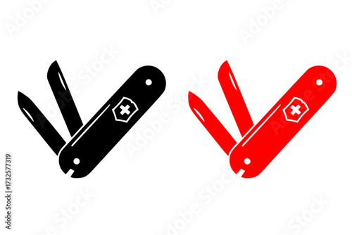 Pocket Swiss Army Knife Icon: Multi-tool, Utility, Survival, Camping, Outdoor Gear, Adventure, Travel, Cutlery, Vector.