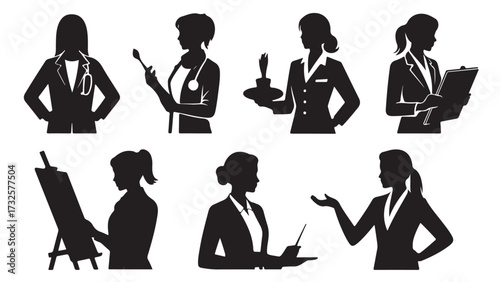 Set of diverse professional women silhouettes vector illustration of various career paths isolated on white background