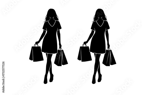 Black Silhouette Woman Holding Shopping Bags: Isolated Over White Background, Vector Illustration, Retail, Sale, Consumerism, Fashion, Buyer.