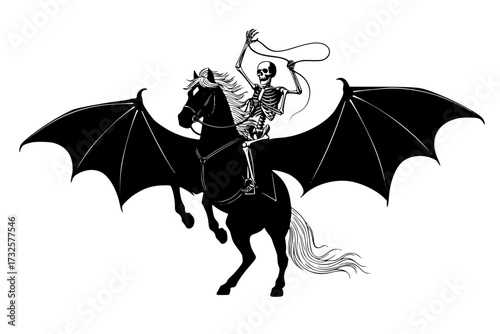 Halloween Skeleton Rider Silhouette: Spooky Vector, Bat Horse, Horror, Undead, Gothic, Night, Cemetery, Fantasy.