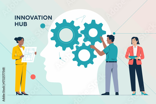 This image depicts a diverse team collaborating in an innovation hub, enhancing creativity through teamwork, showing a female leader guiding with plans and gears in thought.