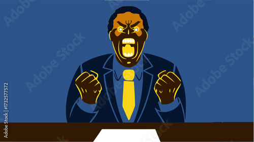 Stylized graphic of an enraged African American manager yelling, representing professional burnout, conflict, and high-pressure business situations