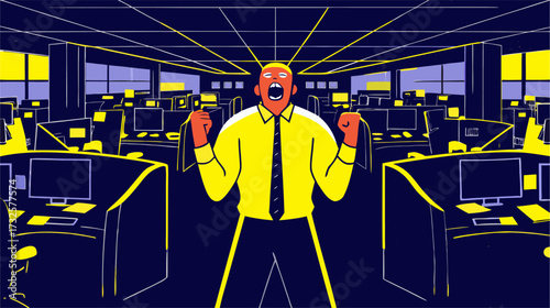 Conceptual illustration of an overwhelmed businessman screaming in frustration due to extreme workplace stress and burnout