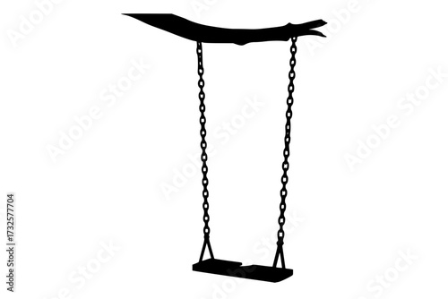 Broken Swing in Tree: Halloween Silhouette Vector, Spooky, Abandoned, Gothic, Horror, Dark, Night, Creepy, Forest.
