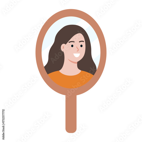 Girl reflection in the mirror. Beauty, lifestyle, image, mental health, ego, stress, anxiety concepts. Flat vector character design isolated illustration.