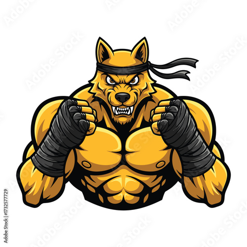Muscular cartoon wolf warrior ready for combat