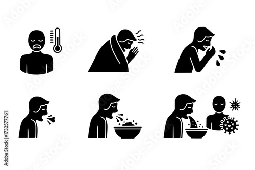 Sick Ill Health Icons: Fever, Flu, Cold, Sneeze, Cough, Vomit, Disease, Illness, Virus, Infection, Symptoms, Medical, Vector.