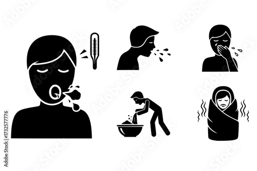 Sick Ill Health Icons: Fever, Flu, Cold, Sneeze, Cough, Vomit, Disease, Illness, Virus, Infection, Symptoms, Medical, Vector.
