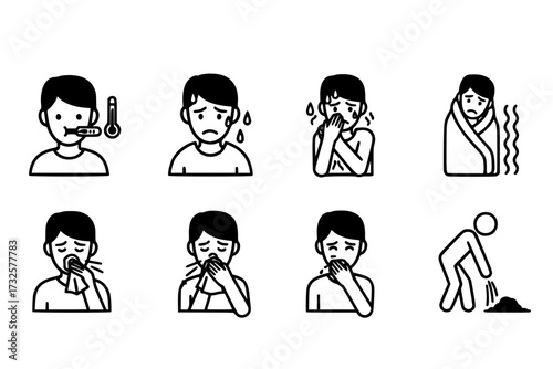 Sick Ill Health Icons: Fever, Flu, Cold, Sneeze, Cough, Vomit, Disease, Illness, Virus, Infection, Symptoms, Medical, Vector.