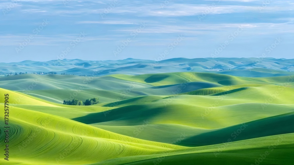 Obraz premium 緑豊かな丘陵地帯が広がる青空の下の夏景色