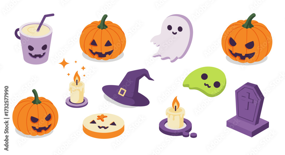 Naklejka premium Spooky isometric halloween icons: pumpkins, ghosts, and candles