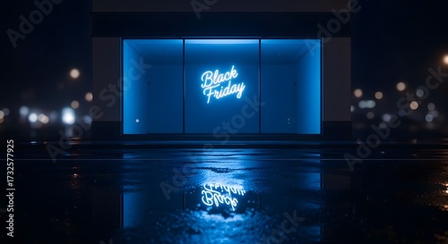 Vibrant Black Friday neon sign reflects wet night street storefront shopping sale discount dark bokeh urban reflection blue