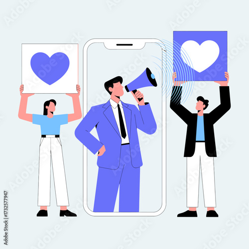Illustrates individuals actively participating in social media advocacy, showcasing the power of love and connection in digital environments through expressive imagery.