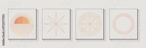 This artwork features abstract representations of the sun, crafted in a geometric style that emphasizes symmetry, warmth, and harmonious forms through elegant lines.
