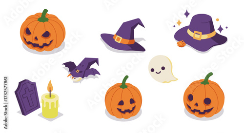 Cute halloween icons: pumpkins, witch hats, ghost and bat in pastel colors