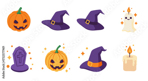 Halloween icons set: witch hats, pumpkins, ghost, gravestone, candle