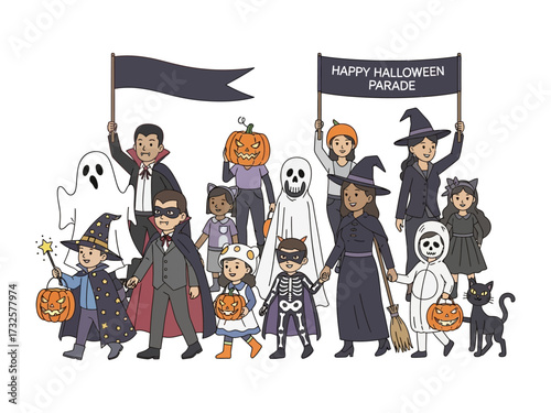 Halloween Parade: A vibrant Halloween parade unfolds, with children dressed in creative costumes marching together, exuding the joy and creativity of the holiday.