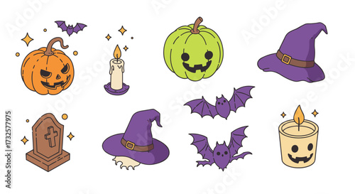Spooky halloween objects with pumpkins, witch hats, and bats