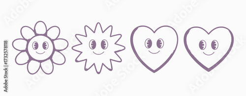 This image features adorable cartoon characters including flowers and hearts, each with friendly smiles and distinctive shapes, perfect for cheerful designs and branding.