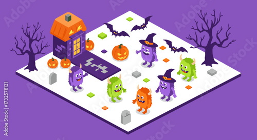 Cute monsters enjoy halloween party with pumpkins and bats in spooky isometric scene