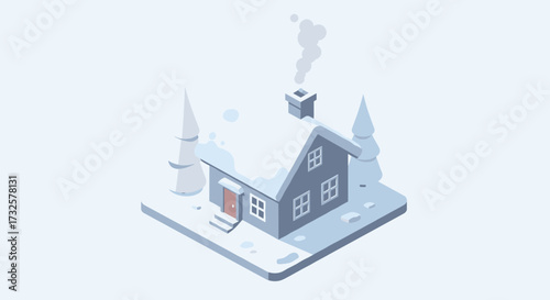 Charming winter cabin in isometric style with snowy landscape and pine trees
