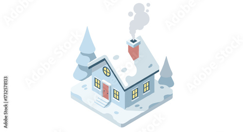 Cozy winter cabin with snow-covered roof and chimney smoke in isometric view