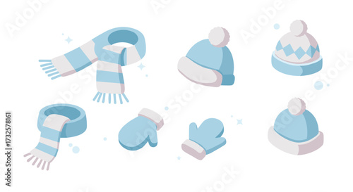 Cozy winter accessories collection in light blue and white