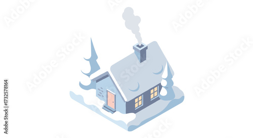 Cozy snowy cabin in snow-covered landscape with smoky chimney
