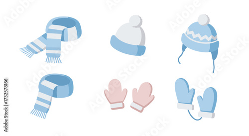 Cozy winter accessories: stylish scarves, hats, and mittens in soft colors and modern style
