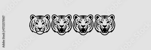 This image features a series of four stylized tiger heads, showcasing fierce expressions in a bold black and white design that evokes strength and power.