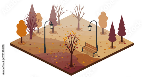 Autumn park isometric design with trees, bench, and lampposts