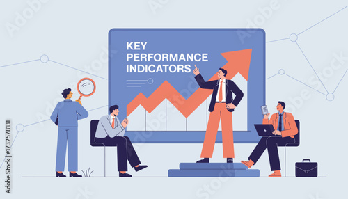 A professional team analyzes key performance indicators in a meeting, showcasing engagement and interaction with data visualization and collaborative discussions.