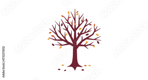 Minimalist autumn tree with falling leaves on white background