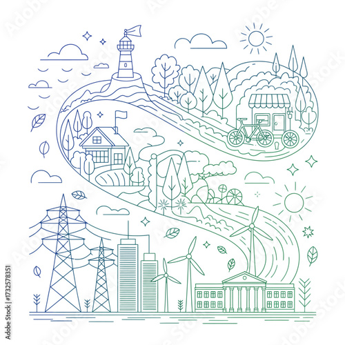 This artwork illustrates a scenic winding road passing through rural and urban landscapes, highlighting renewable energy elements and the beauty of nature in a harmonious way.