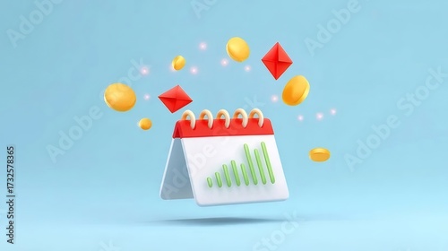 カレンダー上のチャートとコイン 赤と白のモチーフ 青い背景